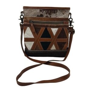 Myra Bag Leather Cowhide Crossbody Women Brown Geometric Boho Artisan Purse‎